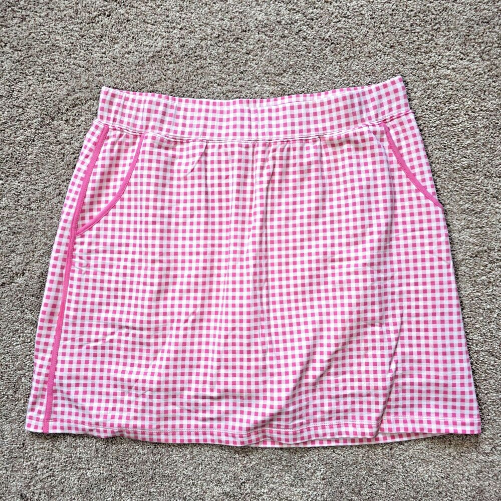 D & Co Active Skort Mini Skirt Shorts Womens L Pink White Check Plaid Stretch